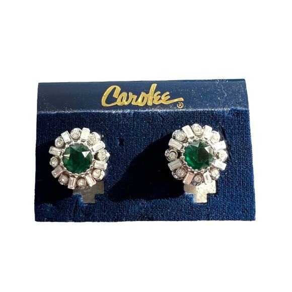 Vintage Carolee Art Deco Style Rhinestone Emerald Clip On Earrings - Picture 1 of 3
